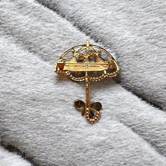 Multicolor Moon Glow Stone Aurora Borealis Rhinestone Gold Tone Unbrella Broo… - Picture 2 of 3